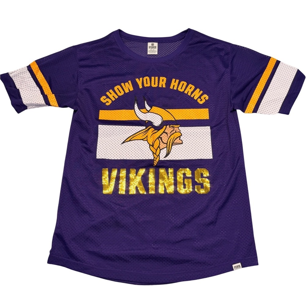 PINK Victorias Secret Minnesota Vikings Mesh Jersey Tee Purple Gold Sequins M
